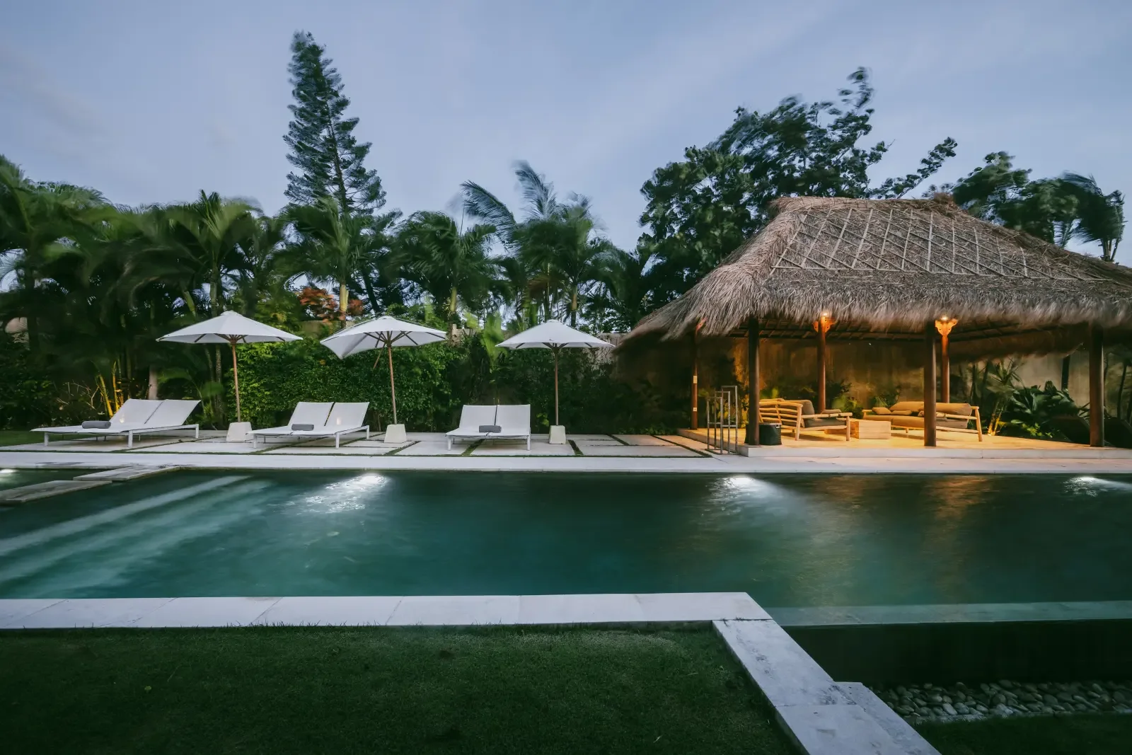 Poolside cabana and loungers at Villa Lux Bali