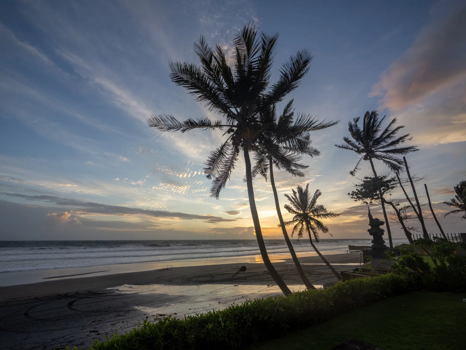 Coconut palms and evening light over the black sand and sea at Pasut Beach, Bali